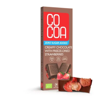 Czekolada creamy bio cocoa 40 g z liofilizowanymi truskawkami, bez dodatku cukru.