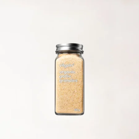 Vilgain czosnek granulowany BIO w szklanym słoiku.
