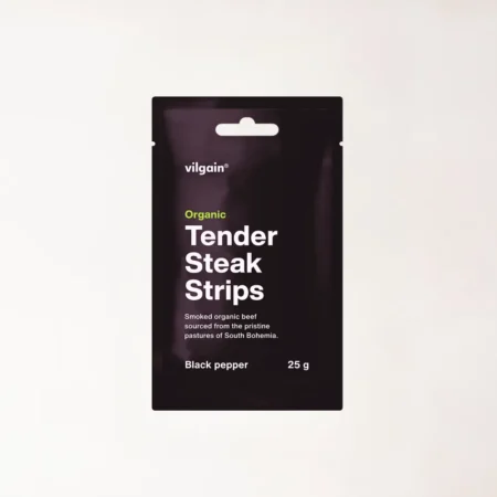 Villain Organic Tender Steak Strips Black Pepper 25g - suszona wołowina BIO z czarnym pieprzem.
