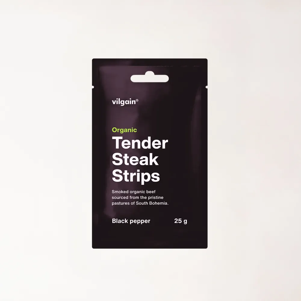 Villain Organic Tender Steak Strips Black Pepper 25g - suszona wołowina BIO z czarnym pieprzem.