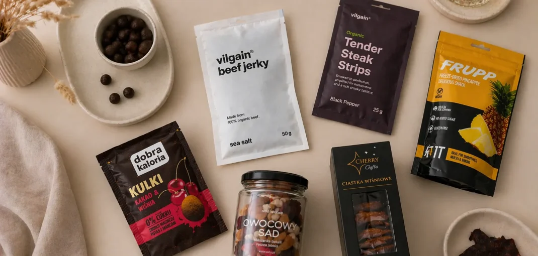 Różne zdrowe przekąski do pracy na stole - beef jerky, owoce liofilizowane, bakalie i słodkie przekąski bez cukru.