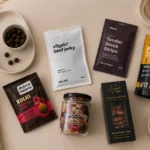 Różne zdrowe przekąski do pracy na stole - beef jerky, owoce liofilizowane, bakalie i słodkie przekąski bez cukru.