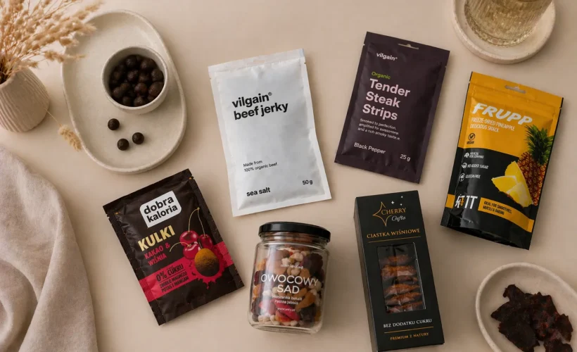 Różne zdrowe przekąski do pracy na stole - beef jerky, owoce liofilizowane, bakalie i słodkie przekąski bez cukru.