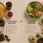Porównanie niezdrowego jedzenia takiego jak burger, frytki, pączki ze zdrowymi produktami spożywczymi, w tym sałatka, owsianką, orzechami i awokado.