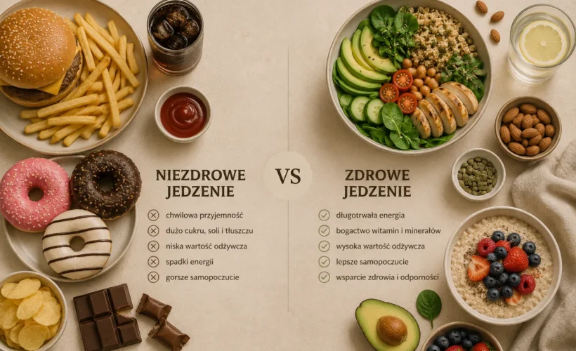 Porównanie niezdrowego jedzenia takiego jak burger, frytki, pączki ze zdrowymi produktami spożywczymi, w tym sałatka, owsianką, orzechami i awokado.